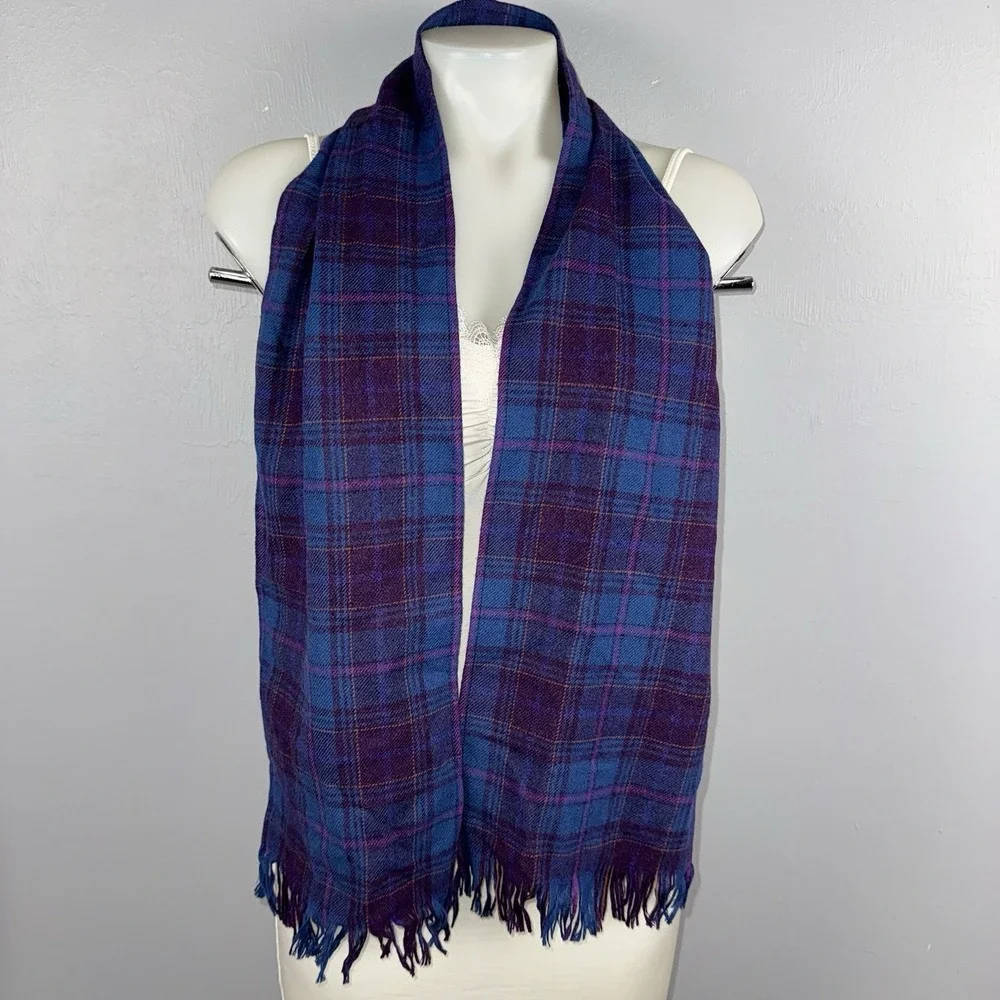 Pendleton Scarf Tartan Plaid Blue Purple 100% Virgin Wool Fringe Made in USA